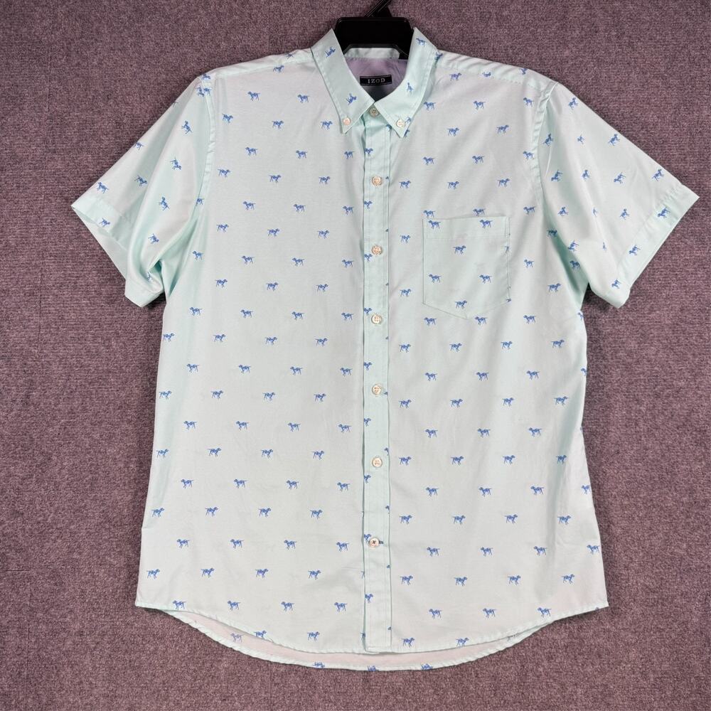 IZOD Mens Large Dog Print Short Sleeve Button Down Shirt Casual Cotton